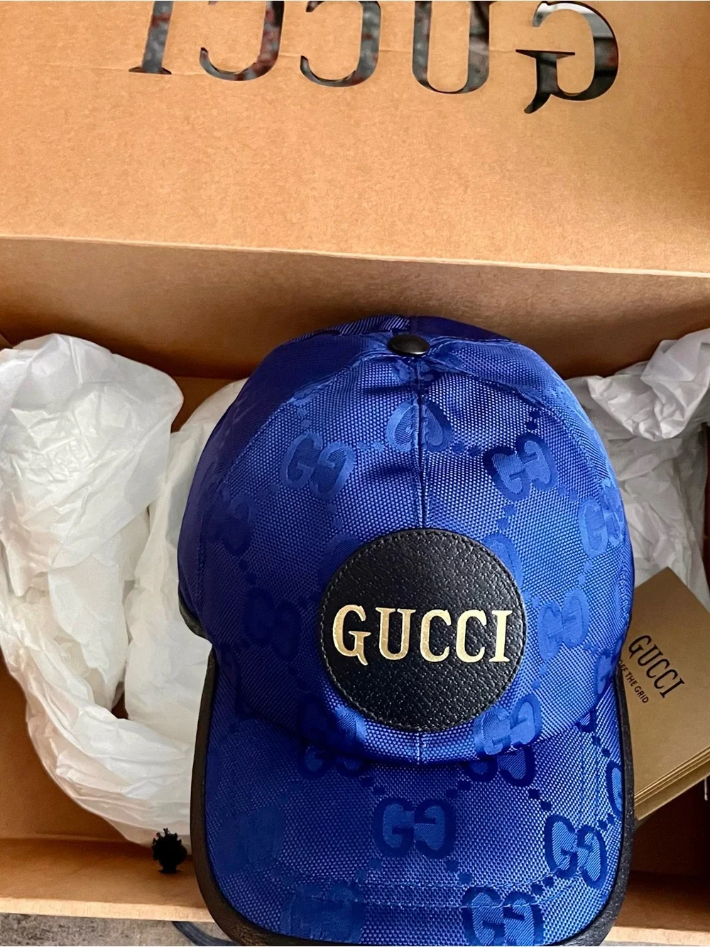 Gucci Blue GG Logo Cap with Black Leather Patch